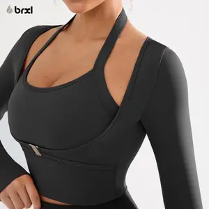 BRXL Women's sexy sports top Long-sleeved sports top Sports yoga outfit with a halter neckline