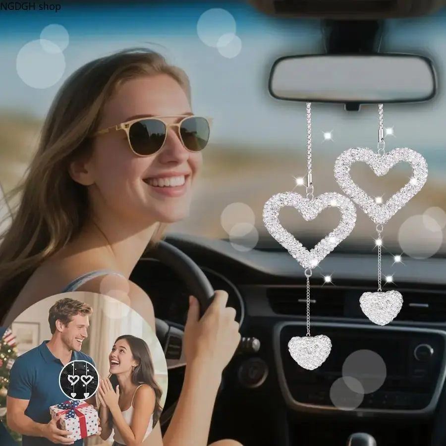 1 Pair Artificial Crystal Hollow Five-pointed Star Rear View Mirror Pendant Car accessories Rear view mirror accessories Car charm Car decorations Car decorations Hollow Heart Design, Perfect for Y2K & Night Out Looks, Cars Accessories