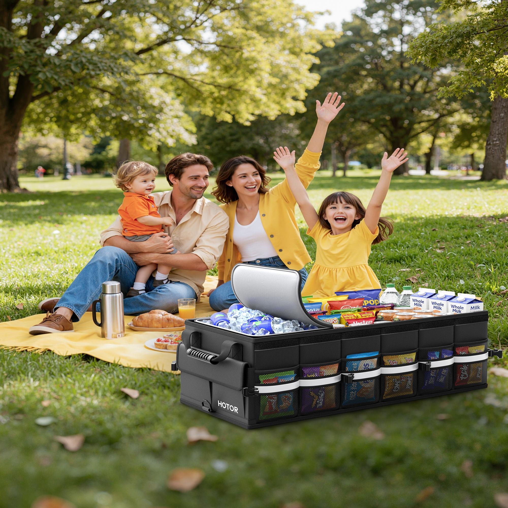 3 Compartment Car Trunk Storage Organizer Medium, Black Foldable Trunk Organizer with Lid and Removable Cooler Bag, Portable Storage Box for Groceries, Sports Gear and Tools, Durable Car Organizer for SUV, Truck and Daily Travel Use