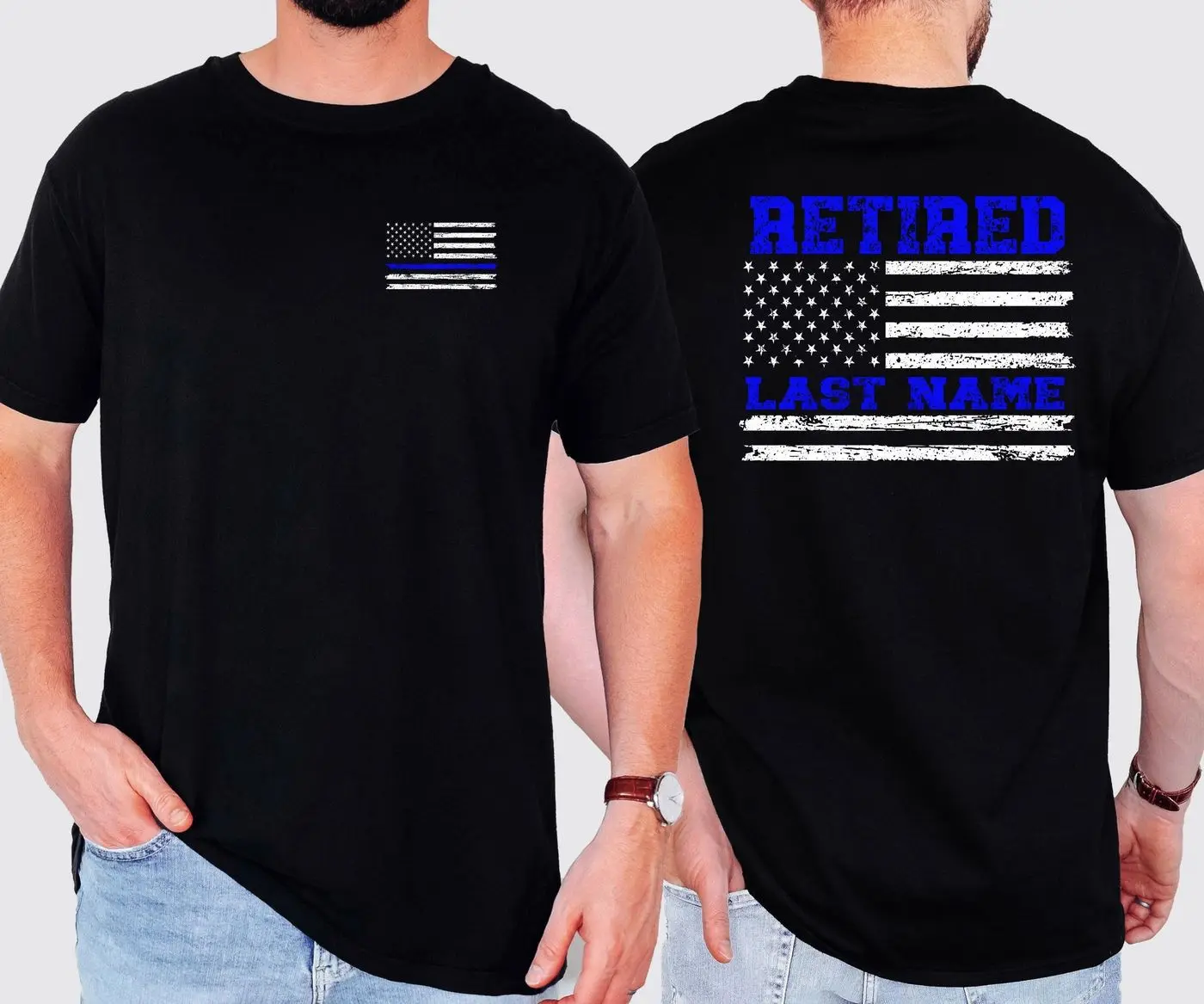 Thin Blue Line Retired Shirt – Custom Police Retirement Gift with Last Name – Law Enforcement Officer Flag Tee – Personalized Cop Gift Idea