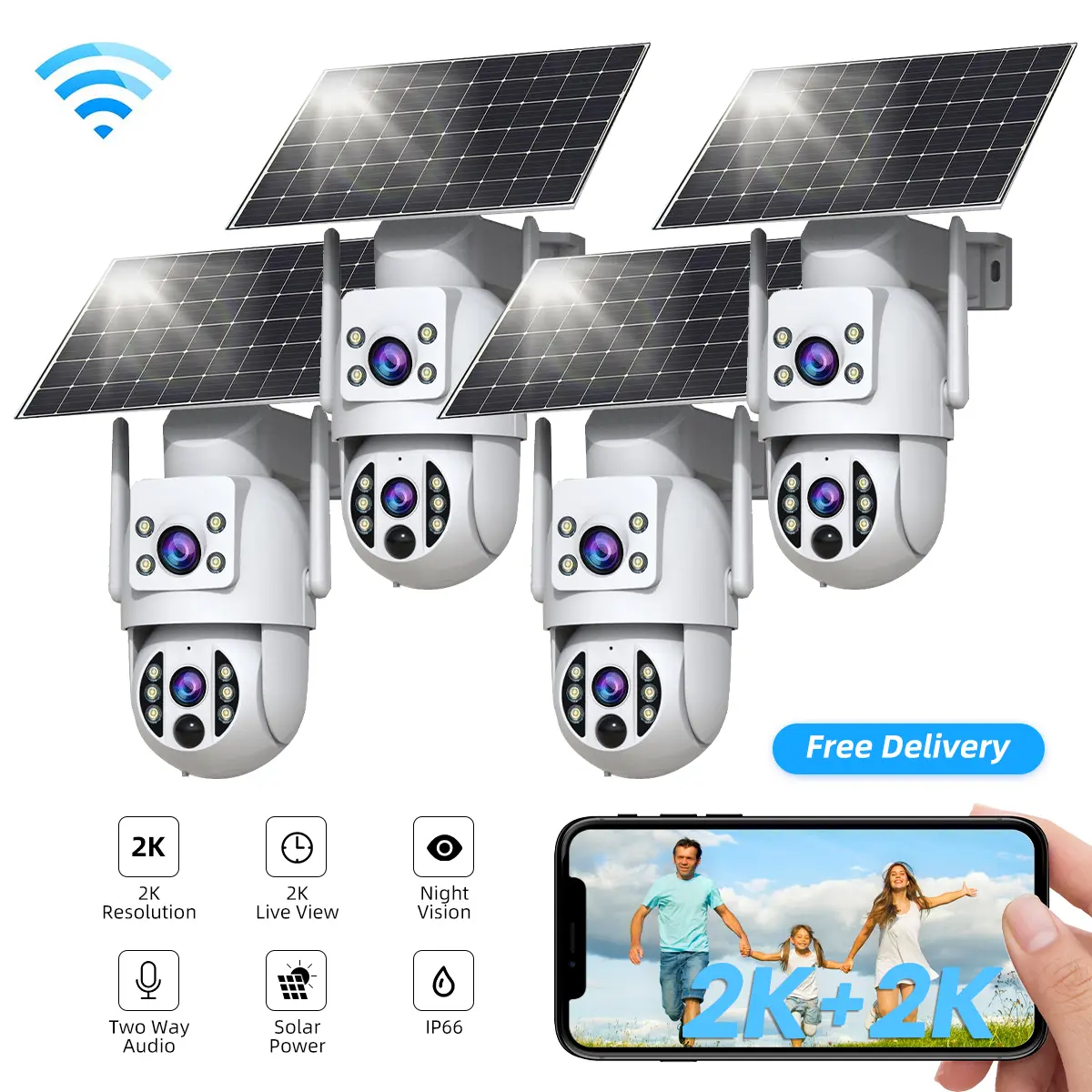 【TODAY'S DEAL】JOOAN Wireless WiFi Solar 2K+2K HD Dual Lens Security Camera, 360° PTZ Outdoor/Indoor, IP66 Waterproof, Color Night Vision, PIR Human Detection, Two-Way Talk, Auto Tracking, Siren Alarm, No-Blind-Spot Coverage, 24/7 Recording, With Alexa