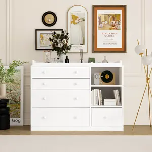 FUFU&GAGA Modern Nursery Dresser Chest with 5 Drawers, 2 Open Shelves & Guard Table Top, Wood Dresser Storage Chest of Drawers