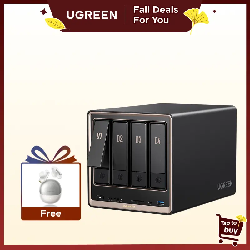 UGREEN DXP4800 GT 4-Bay Desktop AMD NAS Storage Pre-Built Unit - AMD R2514 CPU, 8GB DDR4 RAM, 64GB eMMC, 2X 10GbE Ports, 2X M.2 NVMe Slots, 4K HDMI Output, Diskless PC Computers
