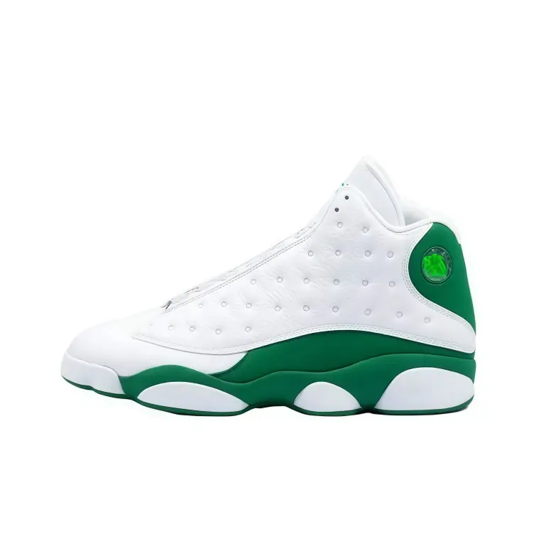 High top basketball sneakers white green pebbled leather upper breathable perforated design fashionable silhouette weekend ootd impact cushion stable traction everyday unisex shoes