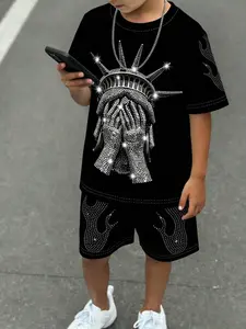 Boys' Casual Sportswear Set, Round Neck Short Sleeve T-Shirt & Shorts, Motorcycle Style, 3D Print, Outdoor Activities, Summer