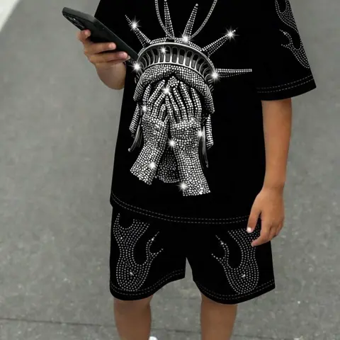 Boys' Casual Sportswear Set, Round Neck Short Sleeve T-Shirt & Shorts, Motorcycle Style, 3D Print, Outdoor Activities, Sports Clothing Set, Fashion Set, Outfit Sets, Summer, Casual Set Youth