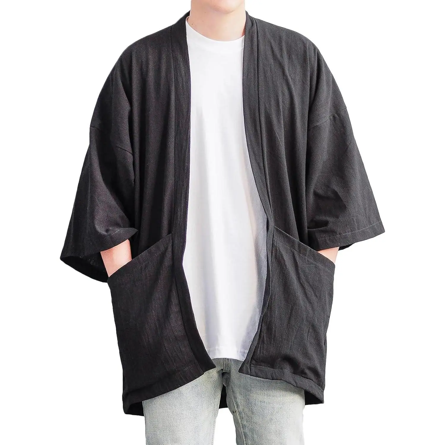 Men's Cotton Linen Kimono Cardigan 2 Pockets Oversized Noragi Jacket Man Haori Summer Yukata Beach Robe