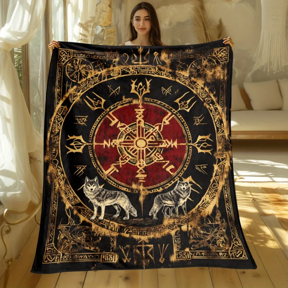 1pc Retro Viking Totem Print Portable Blanket - Lightweight Flannel Throw for Sofa Bed Travel Camping Livingroom Office Couch Chair and Bed-Digital Printing Blanket with Soft and WarFlannel
