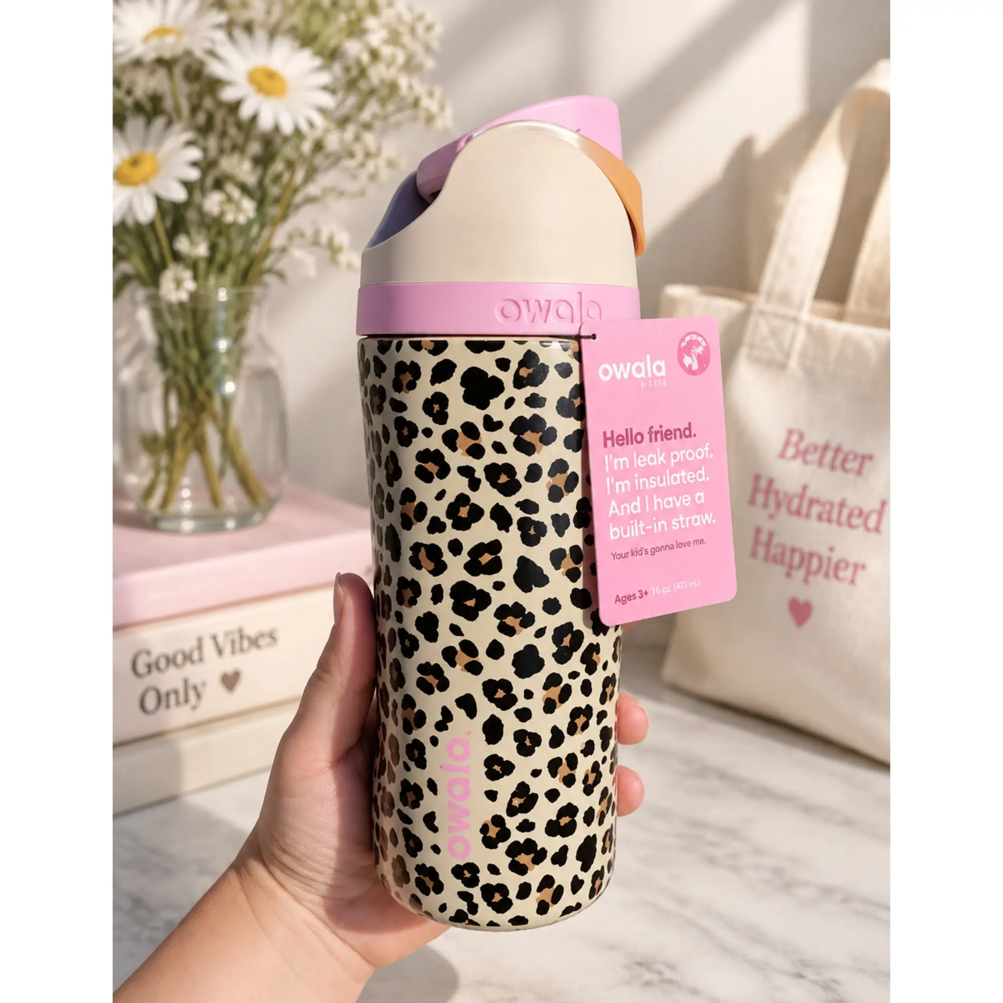 Owala Leopard Print 16 oz FreeSip Water Bottle – Cheetah Pattern Insulated Stainless Steel Straw Lid Tumbler for School, Travel, Kids & Everyday Hydration