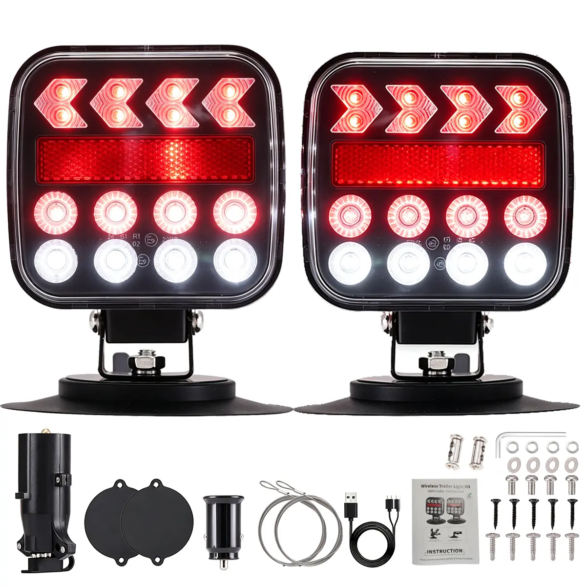 2PCS Magnetic Wireless Trailer Lights Bracket– Rechargeable LED Taillight Kit for Trailers, Trucks, SUVs & Boats Led Brake Tail Cargo Lamp