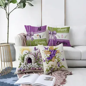 4pcs Easter Themed Pillowcases, Multiple Specifications Available, Multicolor Decorative Throw Pillow Covers, "He Is Risen" Religious Design, Soft Fabric for Home/ Sofa/ Bedroom, Elegant Striped & Floral Accents, Perfect for Festive Home Decor