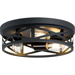 3-Light Flush Mount Ceiling Light Fixture, Black Hallway Ceiling Light Fixtures, Ceiling Mount Light Fixtures for Kitchen Farmhouse Hall Bedroom Bathroom (1 Pack)
