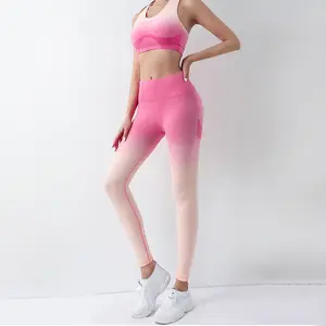 Women's Summer High Waist Yoga Set - Peach Hip Lift Gradient Slim Fit, Breathable High Waist Leggings, Booty Lifting, Belly Tighten, Active, Athleisure Leggings for Running, Fitness Training