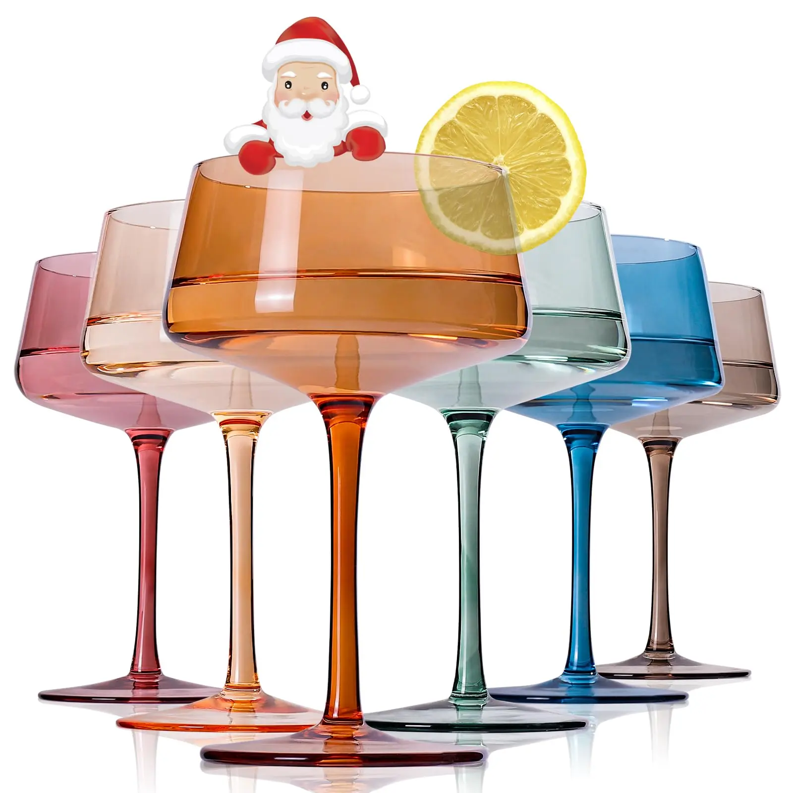 Hand Blown Colorful Cocktail Glasses Set of 6, Premium Crystal Coupe Glasses, Large Margarita Glasses, Bar Drinking Glass, Multicolor - Drinkware