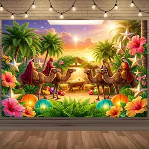2D Flat Starry Festival Puerto Rican Flag & Christmas Theme Backdrop, Reusable Photo Booth Wall Decor Indoor Outdoor Ideal for Holiday Party Garden Home Festive Celebration Decoration, Party Banner