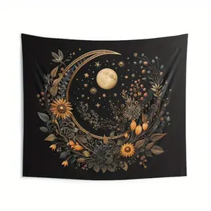 1Pc Boho Vintage Aesthetic Decorative Tapestry - Peach Skin Velvet Wall Hanging With Celestial Moon & Stars Design, Floral & Botanical Elements, Horizontal Orientation For Bedroom, Living Room, Balcony - Artistic Home Decor Flag, Balcony Ta