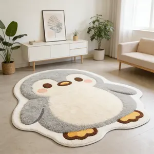 Cute Penguin Alien Carpet Grey White Yellow Contrast Plush Floor Mat Children's Room Anti slip Water absorbing Foot Mat Bedside Decorative Mat Compatible with Ins Style/Healing Home Decoration