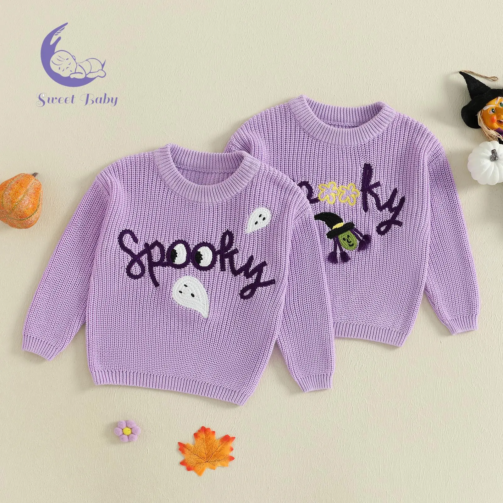 Baby Girls' Ribbed Long-Sleeve Cotton Letter Pattern Sweater - Crew Neck, Purple, Witch Motif, Ghost Embroidery, Fall Toddlers Clothing, Baby Girls Clothing
