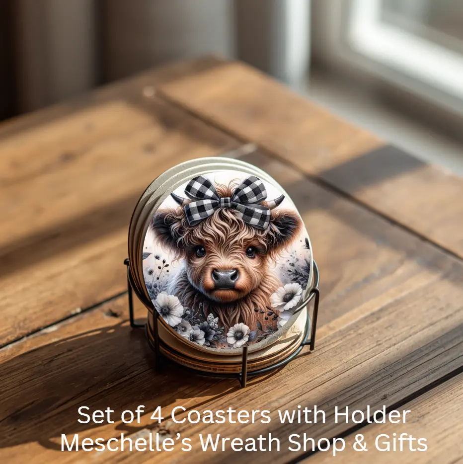 Round Coffee Ceramic Coasters Set of 4 with Bow Design Cow Pattern & Metal Holder, Kitchen Tableware Accessories