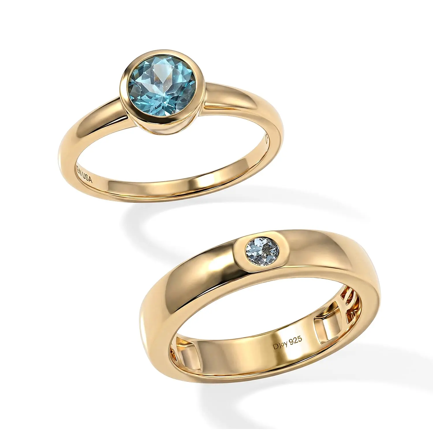 D''Joy Blue Apatite and Mangoro Aquamarine 1.15 ctw Set of 2 Ring in 18K Vermeil Yellow Gold Over Sterling Silver (Size 7.00)