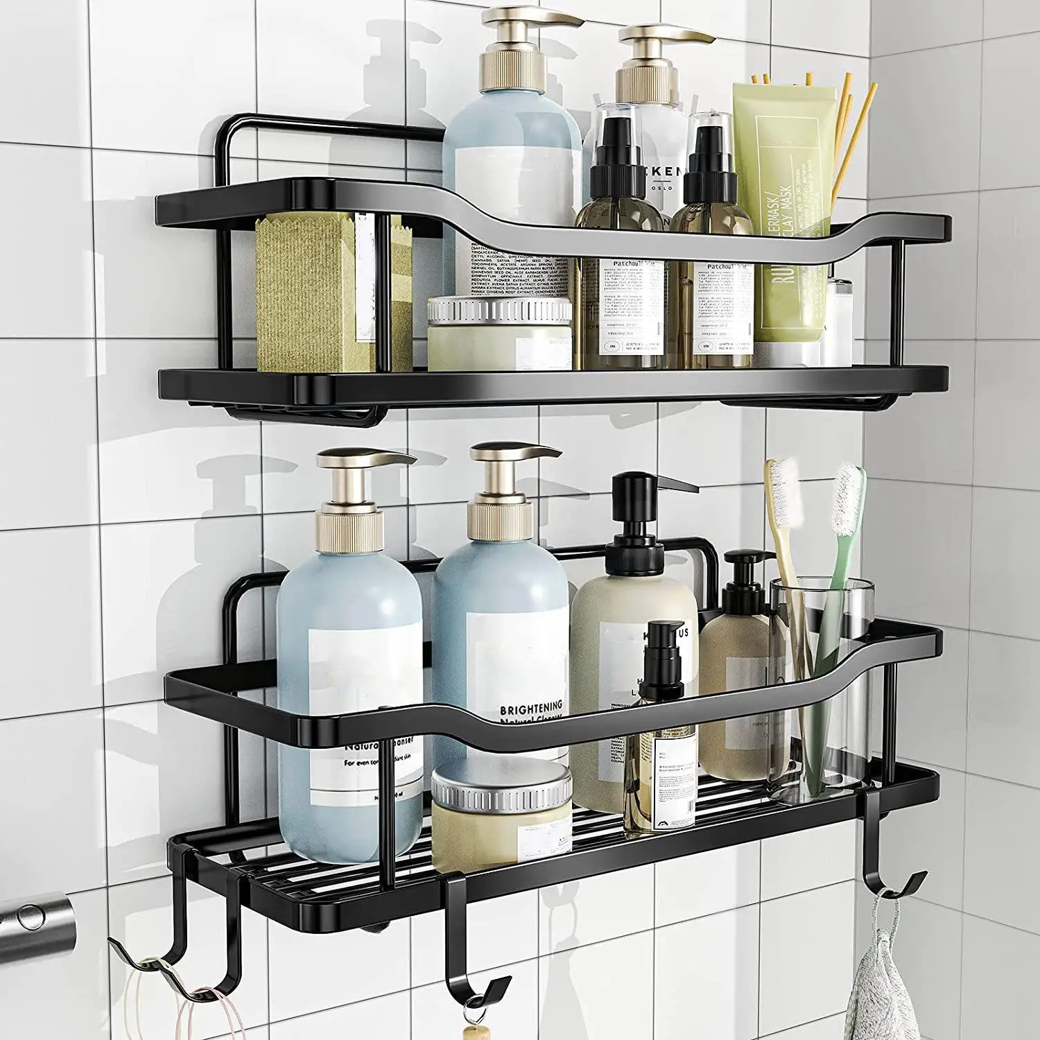 Metal Shower Shelf, Wall Mounted Bathroom Shelves with Hook, Shower Organizer for Shampoo, Bathroom Wall Storage Basket, Shower Room Storage Rack for