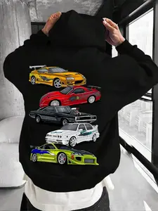 Men's Kangaroo Pocket Drawstring Hoodie, Graphic Print Racing Car Design, Casual Long Sleeve Pullover Sweatshirt, Comfortable Streetwear
