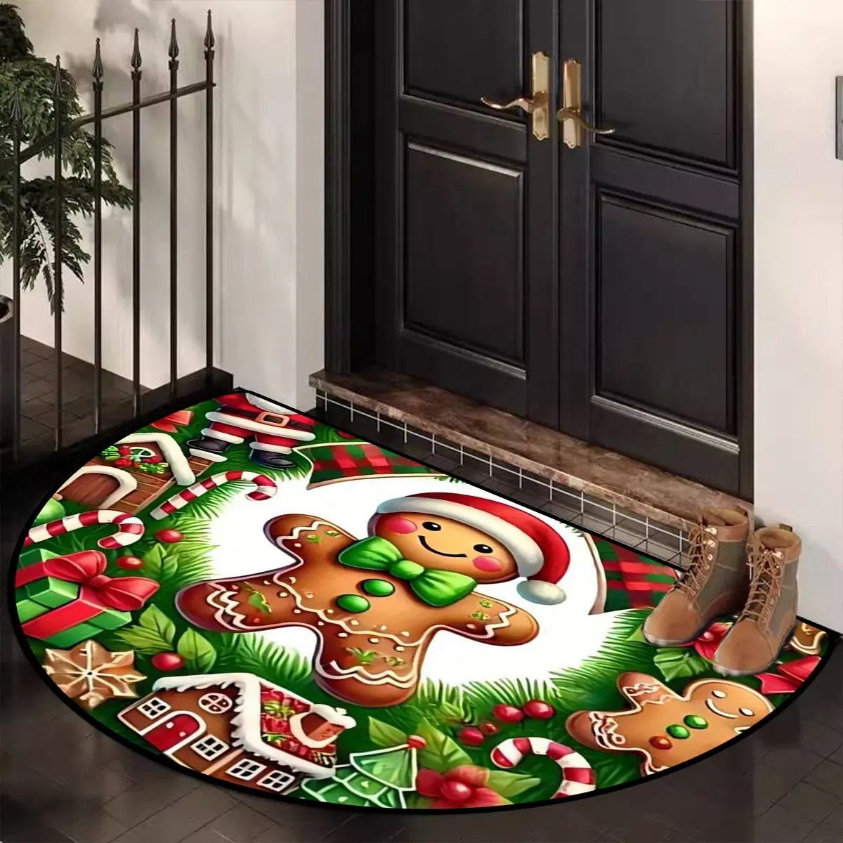 Christmas Theme Cookie Man Print Door Mat, Snowflake Plaid Design Welcome Rug, Reflective Short Velvet Mat, Home Decor Mat, Perfect for Entrance Kitchen Balcony Living Room Bathroom Outdoor Entryway Christmas Decoration Gift, Household Decorative Rug