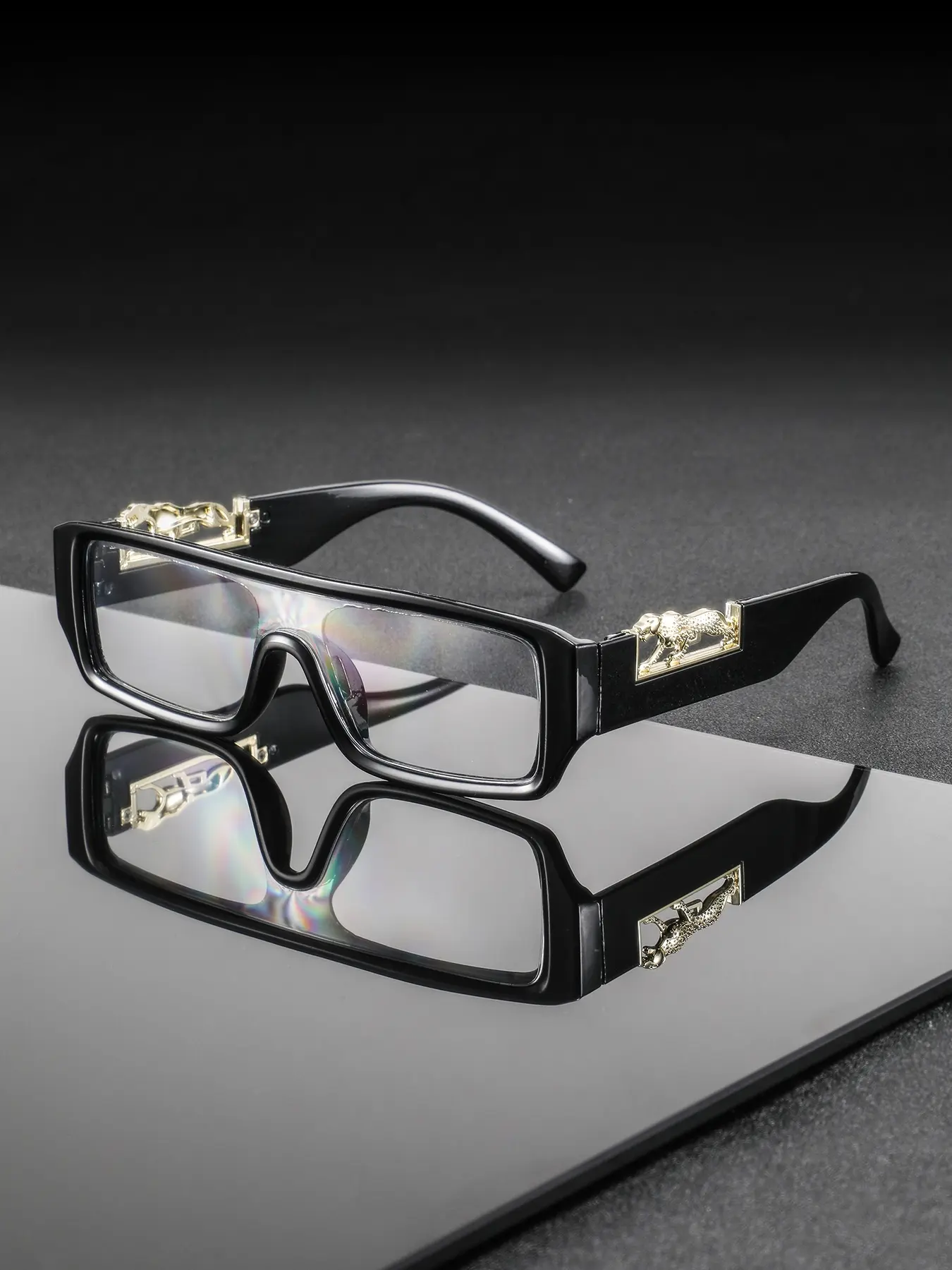 Men's Classic Vintage Rectangular Frame Punk Style Glasses, Trending Glasses, Rectangle Frames Eyeglasses, Trendy Vintage Eyeglasses, Leopard Leg Decorative Lenses, Unisex Fashion Eyewear for All Seasons