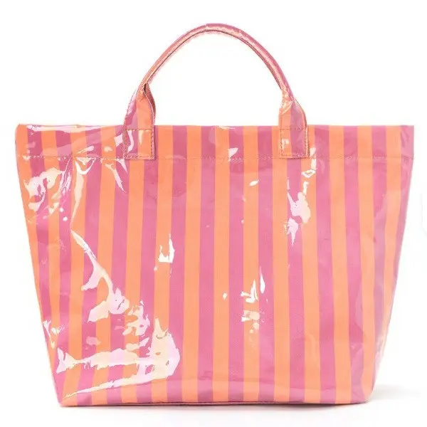 Large Striped Vinyl Tote Bags Fuchsia/Orange