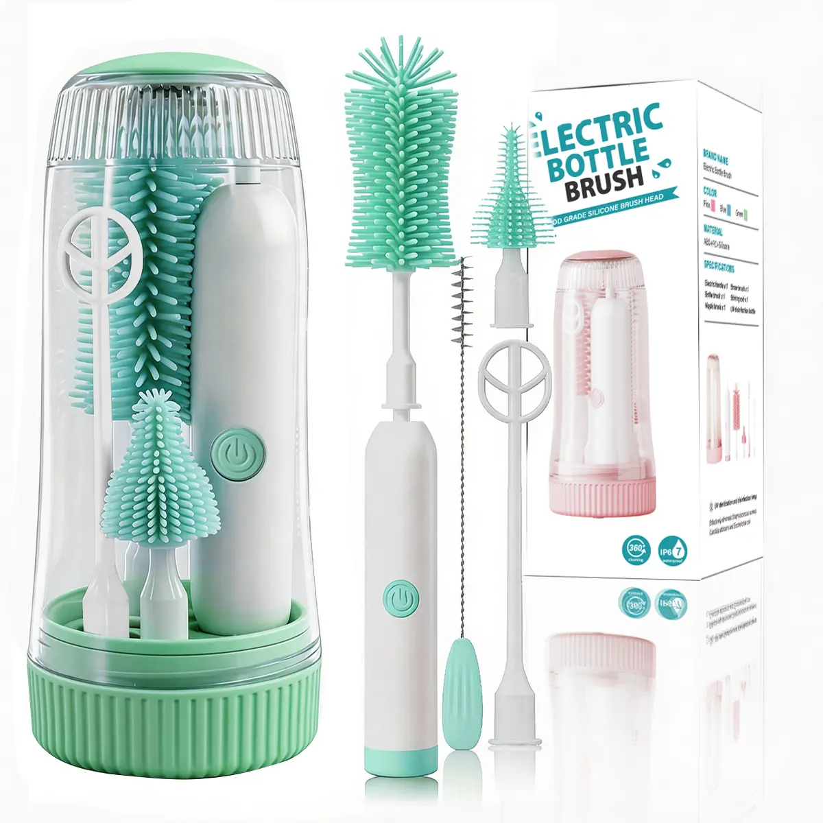 2026 New Electric Baby Bottle Brush, UV Sterilizer Rechargeable Bottle Cleaner, 4-in-1 Portable Bottle Washer with Storage Case, IPX67 Waterproof Nursing Cleaning Kit for Mom Travel Home