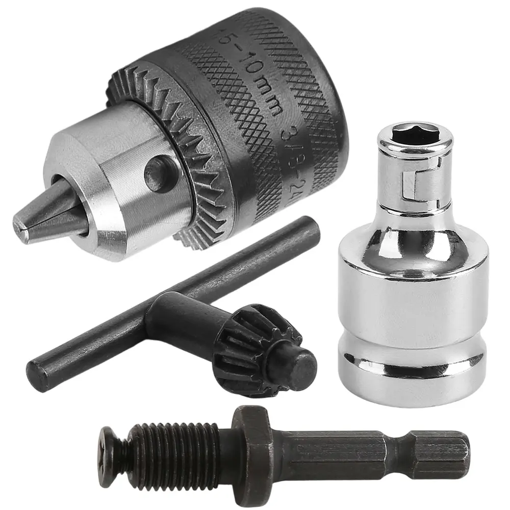 4 Pcs 1.5-10mm Drill Chuck Adapter Set with 1/4" Hex Shank & 1/2" Square Socket Adapter,3-Jaw Keyed Drill Chuck Converter for Impact Wrench Impact Driver,Power Tool Accessories