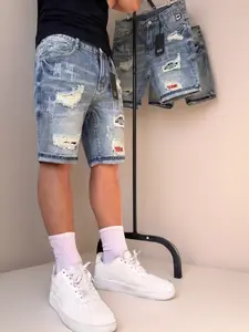 Men's Distressed Patchwork Retro Straight Denim Shorts - Heavy Ripped Jorts, Red-Black Plaid Patches, Pockets, Embroidered Flannel Accents, Grunge Punk Streetwear, Breathable Cotton, Spring Summer Wear, Patch Men's Jeans