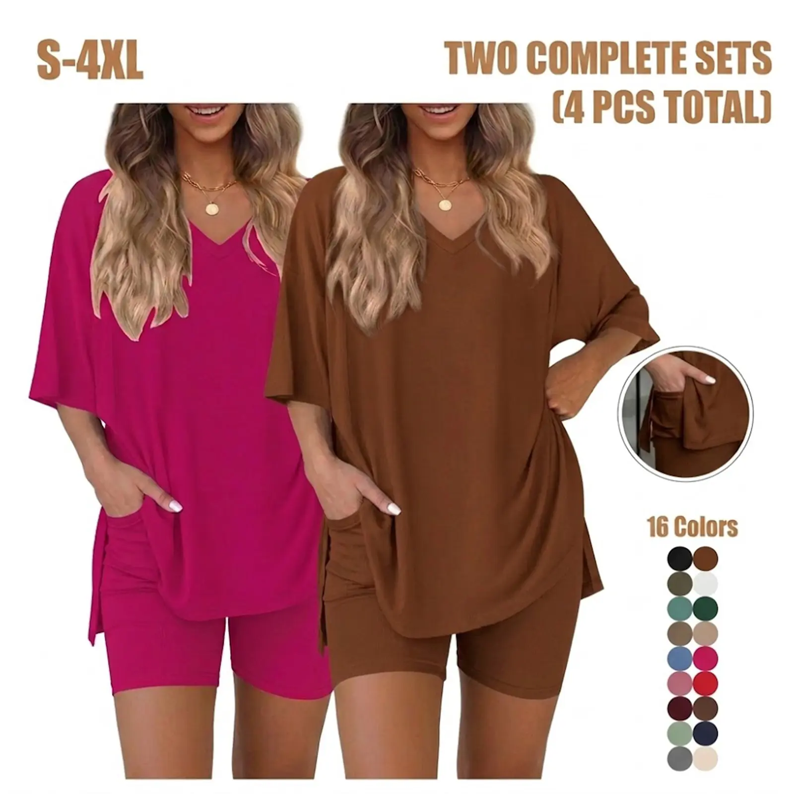 Women's Solid Color 2-Piece Summer Set | V-Neck Side Slit Tee & Biker Shorts with Pockets | Casual Loungewear & Comfy Pajamas