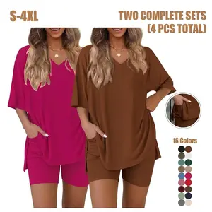 Women's Solid Color 2-Piece Summer Set | V-Neck Side Slit Tee & Biker Shorts with Pockets | Casual Loungewear & Comfy Pajamas