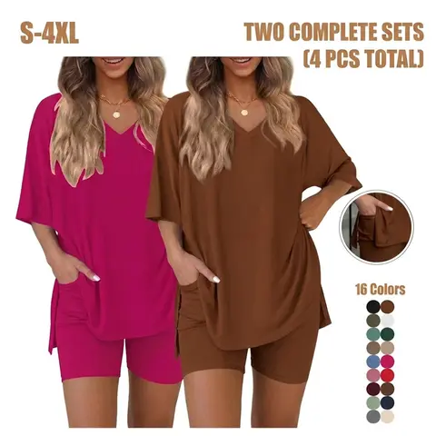 Women's Solid Color 2-Piece Summer Set | V-Neck Side Slit Tee & Biker Shorts with Pockets | Casual Loungewear & Comfy Pajamas