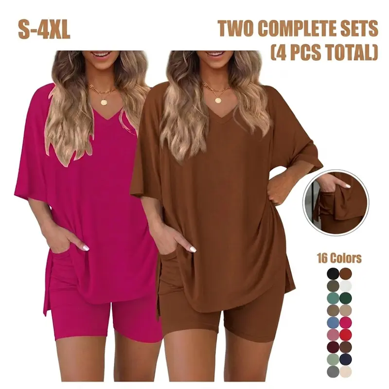 Women's Solid Color 2-Piece Summer Set | V-Neck Side Slit Tee & Biker Shorts with Pockets | Casual Loungewear & Comfy Pajamas