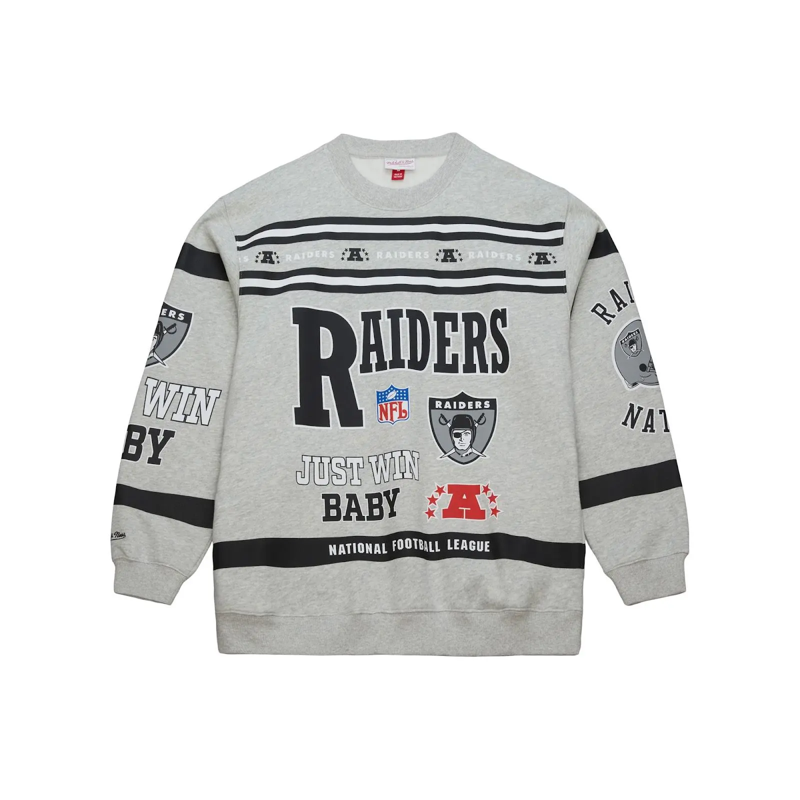 Oakland Raiders Heather Gray All Over Print Vintage Fleece Crewneck Sweatshirt NFL Throwback Fan Gear Mitchell & Ness