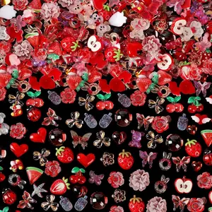 150 Pieces 3D Resin Strawberries Butterfly Flower Nail Charms Rose Flower Peach Star Heart Bear Bow Cat Cherry Rhinestones Heart Pearls for DIY Nail Art Decoration Making Craft（red）
