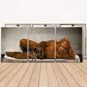 3 Counts Wooden Framed Canvas, Relaxing Bigfoot With Raccoon Images, Exquisite Poster, Perfect Living Room Decoration, Modern Art, Fashion Family Poster, Wall Art Decoration, Waterproof Art