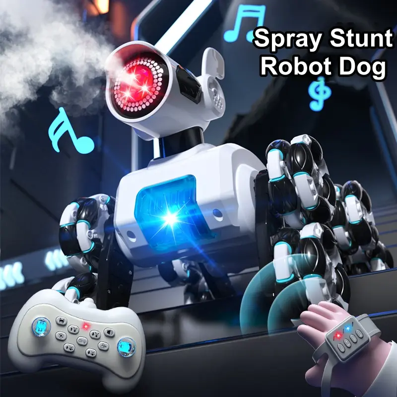 8-Wheel RC Robot Dog Toy, Gesture Watch & 2.4G Dual Remote Control Stunt Car with Spray, LED Light, Music, Soccer Play, All Terrain Climbing Off Road RC Vehicle, Birthday Christmas Gift for Boys Girls Kids Age 6+