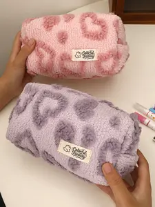 Fashion Simple Design Plush Heart Makeup Bag, Sweet Portable Travel Princess Storage Pouch, Student Pen Case, Cute Hanging Bag, Handheld Cosmetic Pouch