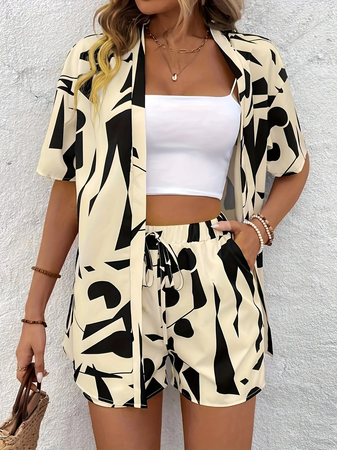 Women's 2-Piece Matching Loose Lightweight Summer Set with All-Over Geometric Print, Button Front Blouse Top and Shorts, Stylish Casual for Warm Weather Clothes Aesthetics