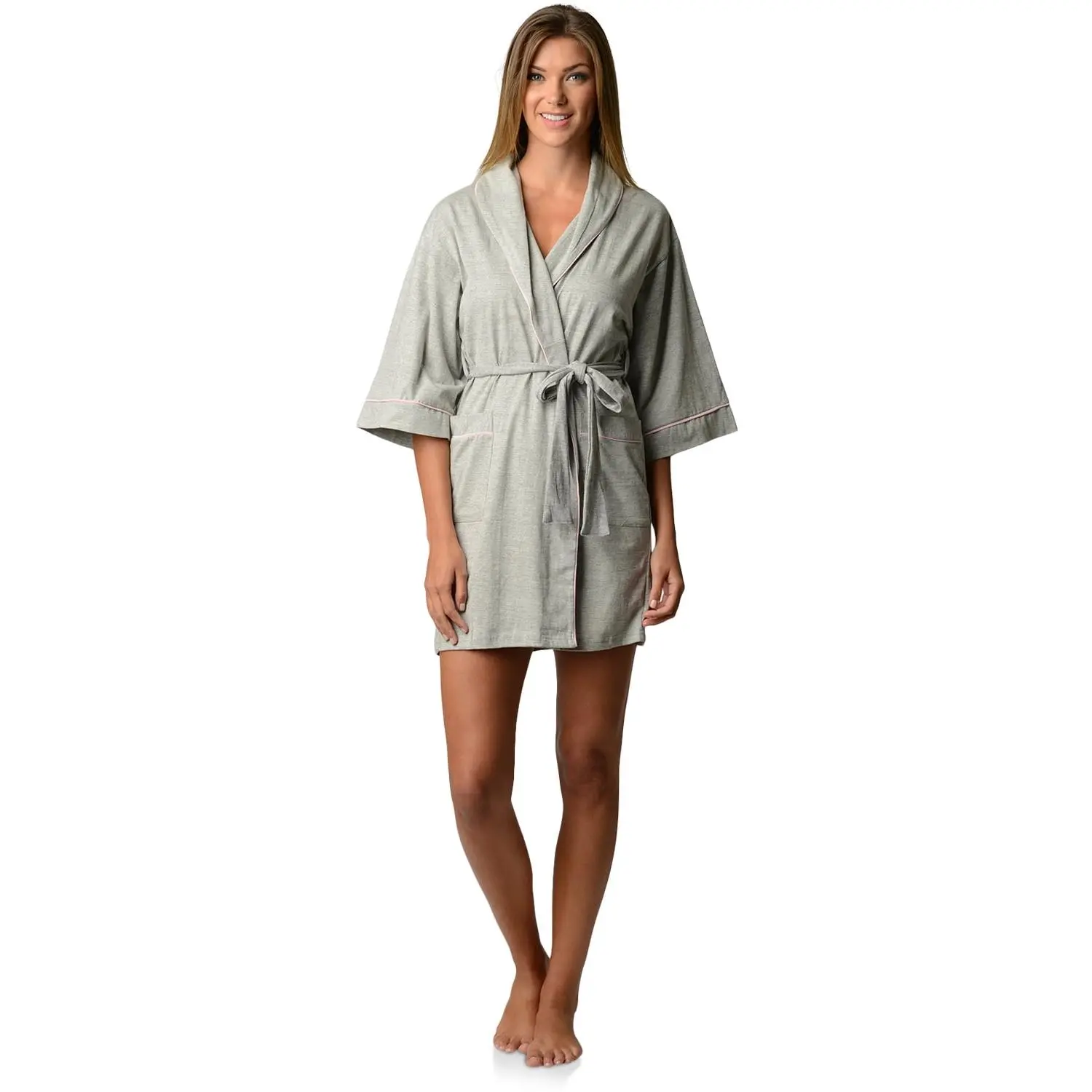 Casual Nights Women's Jersey Knit Kimono Robe, Short Wrap Style with Shawl Collar, Contrast Piping, and 3/4 Sleeves, Everyday, Casual Bathrobe, Gowns, Matching, 2 Hand Pockets, Clothes, Loungewear, Everyday Wear, Self-Tie Belt, Short Robe, Above Knee, Adu
