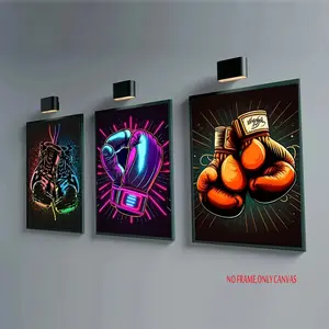 3-Piece Vibrant Neon Boxing Gloves Canvas Art Set—Frameless, colorful modern wall decor perfect for living rooms, bedrooms, and home offices; 2D flat-printed frameless art