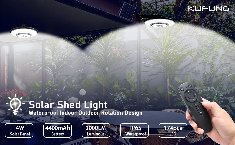 KUFUNG UFO Solar Shed Light 360° LED Pendant with Remote Motion Sensor Timer IP65 Waterproof for Outdoor Indoor Use 4400mAh Battery