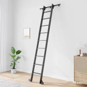 10FT Rolling Library Aluminium Step Ladder 120" with 4FT Sliding EASELIFE-Hardware Track Kit Bottom Wheel Included,for Kitchen,Loft,Warehouses,Bookstore,Atti,Dressing Room,Metal Black
