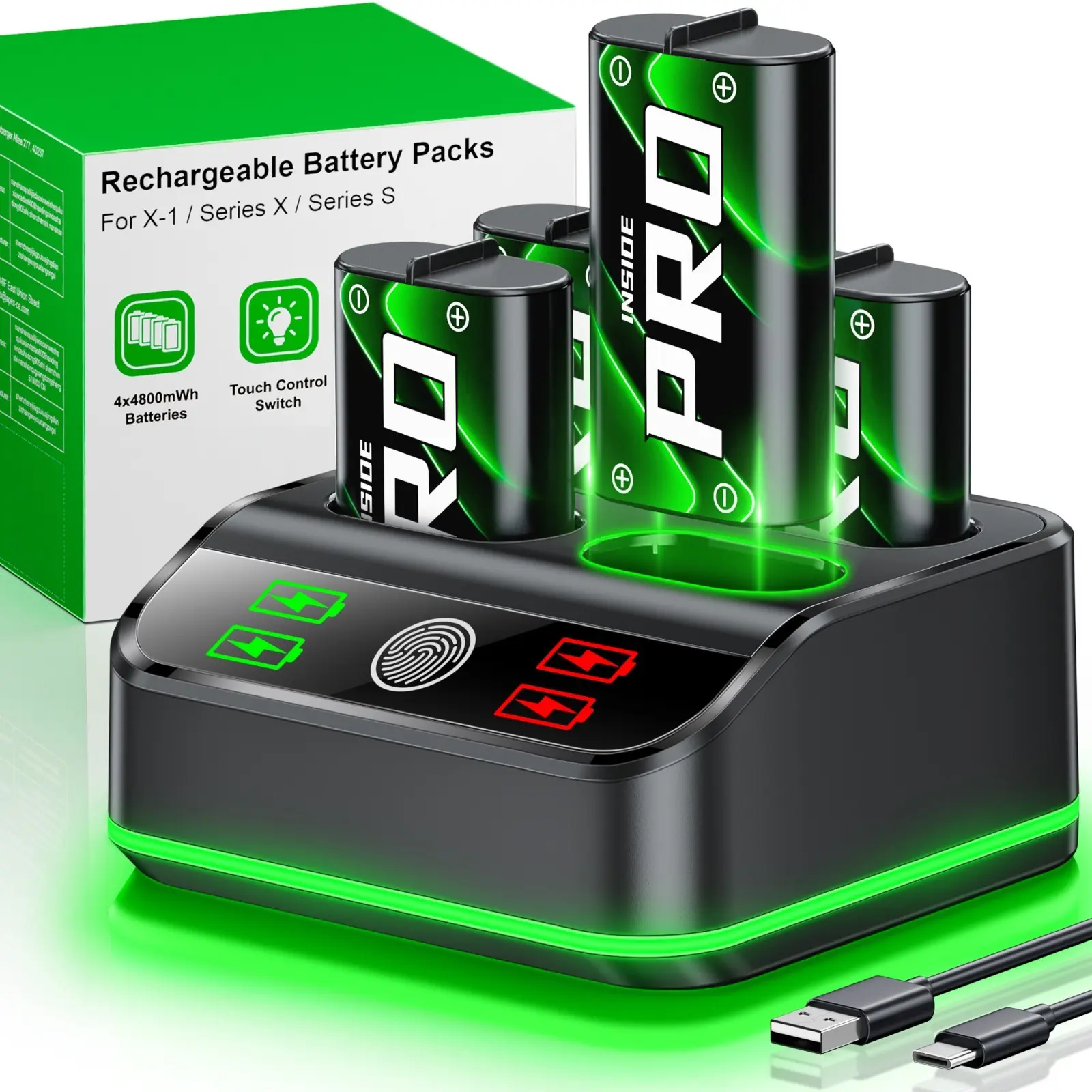 4x4800mWh Rechargeable Xbox One Controller Battery Pack, Xbox Rechargeable Battery Station with LED Light, Xbox Charger Battery Pack for Xbox Series X|S/One S|X/One Elite Controller