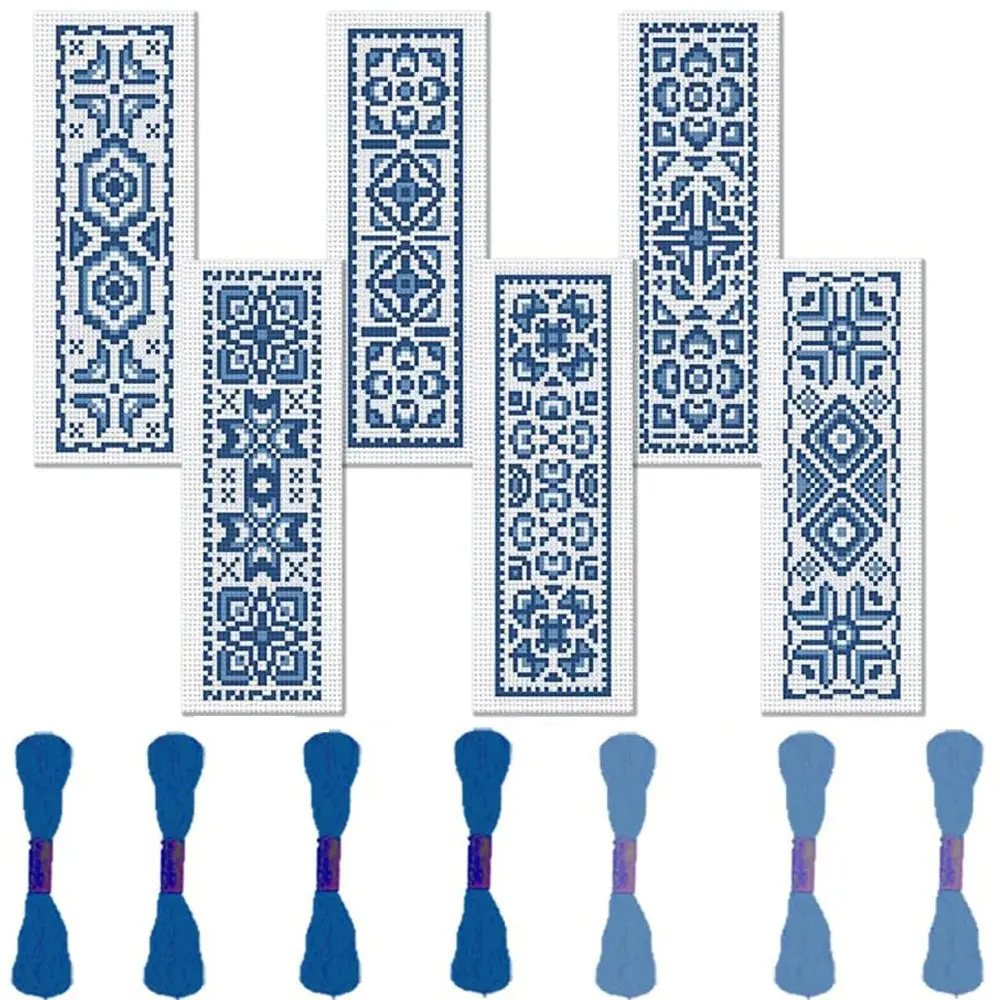 Vintage Style Cross Stitch Bookmark DIY Set, 6 Counts/set Geometry Pattern Embroidery Bookmark Set with English Instruction for Beginners in Sewing, Bookmark Set with Random Color Tools, Book Accessories