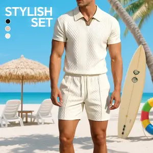 Men’s solid-color shirt and drawstring-waist shorts set—a comfortable, breathable two-piece casual  for everyday outdoor wear;