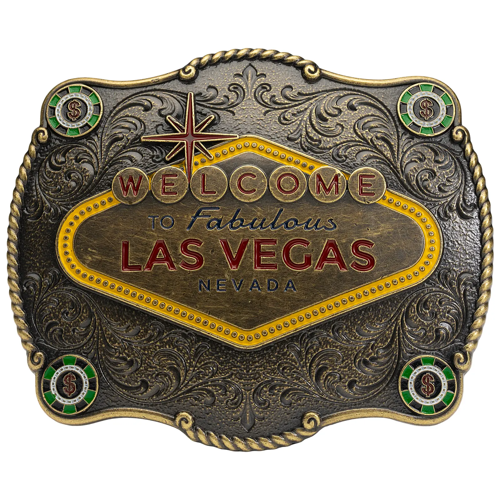 Western Cowboy Belt Buckle with Las Vegas Sign for Men's & Women's 1.5" Belts, Large Ergonomic Curved Design, Rodeo Gambler Souvenir Piece, Cowboy Belts